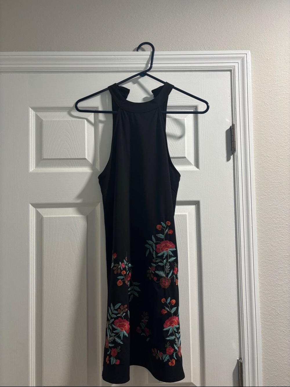 entro Black Midi Dress with Pink Floral Embroidery